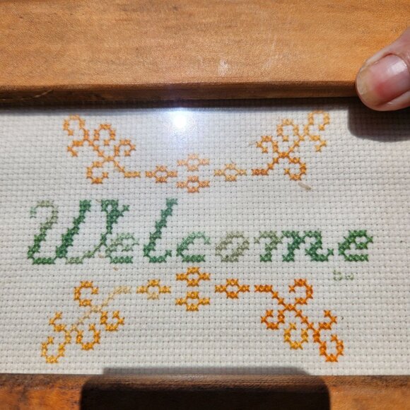 Vintage Wooden Framed Cross Stitch "Welcome" Sign With Scroll Design - Picture 4 of 5